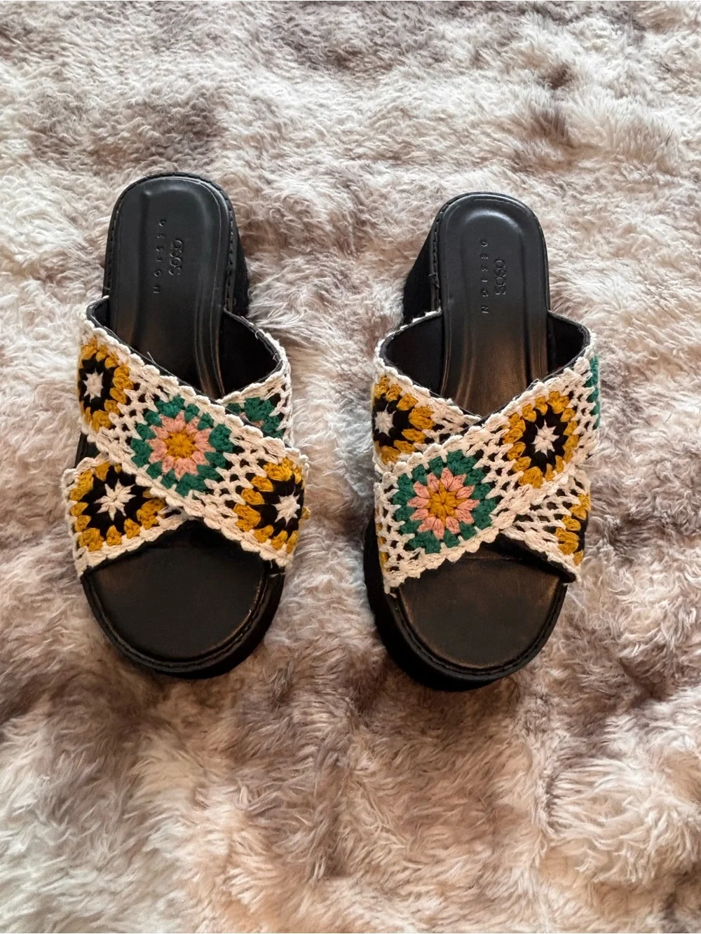 ASOS Black Platform Mules with Multicolor Crochet Crossband